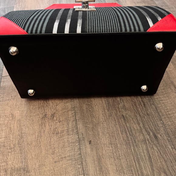 Femi Handbag | Stylish Red Leather & Black & White Striped Fabric - Picture 8 of 10